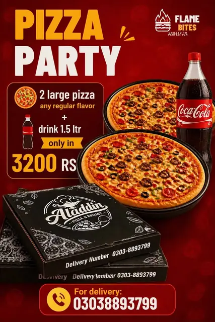 Pizza party poster: two large pizzas and a 1.5 litre drink for Rs 3,200.